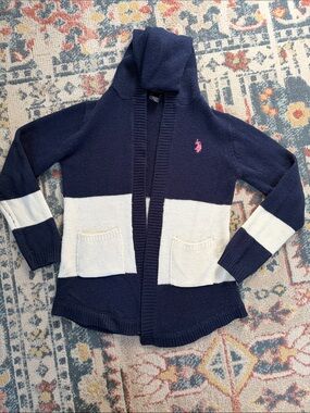 U.S. Polo Assn. kids Navy & White Hooded Cardigan with Pink Logo